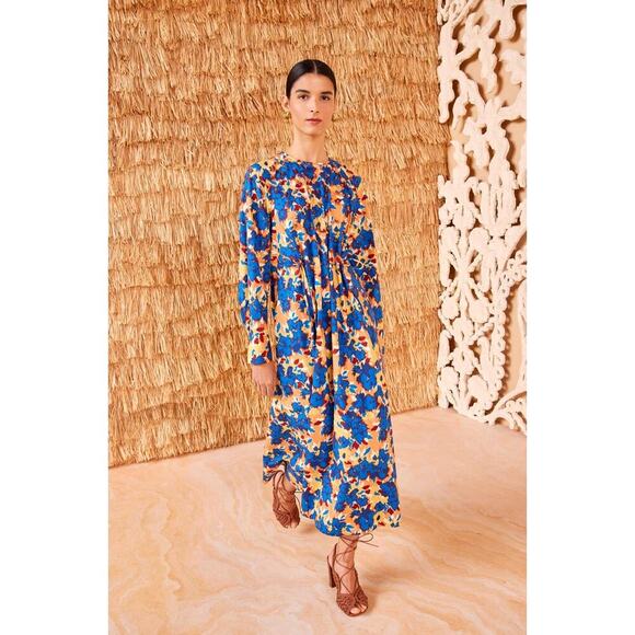 Ulla Johnson Palma Blue Orange Floral Long Sleeve Dress Cotton Midi US 4 - Picture 1 of 10